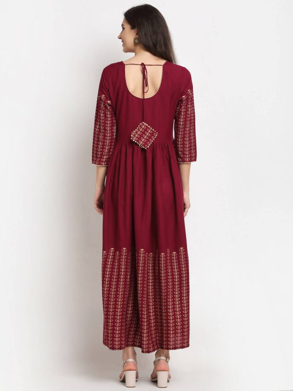 Rudra bazaar Gold Printed A-line flared Maroon Kurti Online