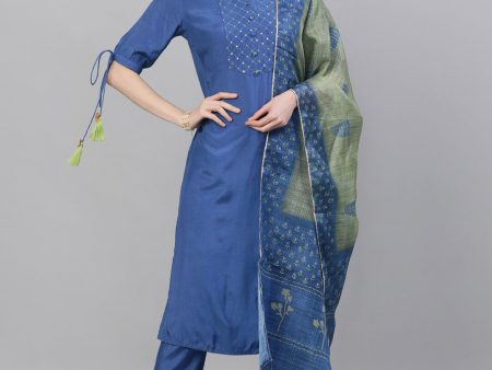 Jaipur Kurti Women Blue Yoke Design Kurta with Trousers & Dupatta Online Sale