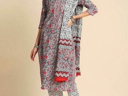 Anubhutee Women Grey & Pink Cotton Floral Kurta With Trousers & Dupatta Discount