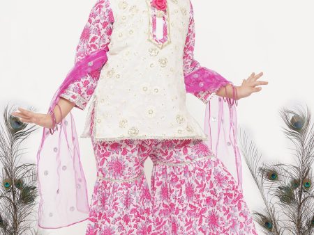 Little Bansi Girls Cotton Embroidery Kurta with Floral Sharara with Dupatta - White & Pink Online Sale