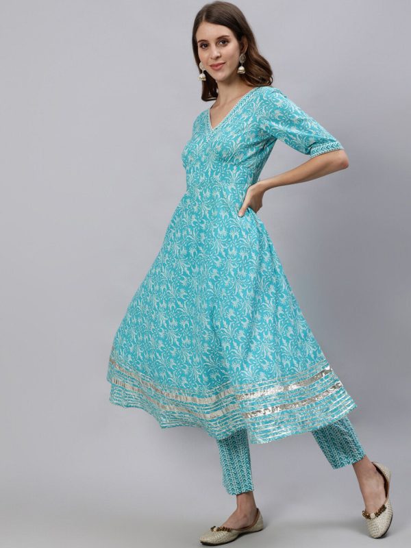 Jaipur Kurti Women Turquoise Blue Floral Printed Regular Kurta With Trousers & Dupatta For Discount