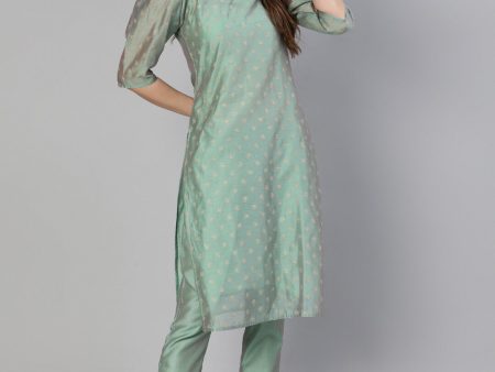 Jaipur Kurti Women Sea Green Floral Angrakha Chanderi Cotton Kurta with Trousers Cheap