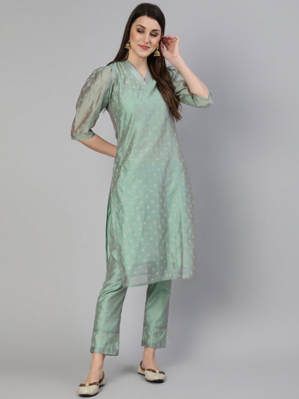 Jaipur Kurti Women Sea Green Floral Angrakha Chanderi Cotton Kurta with Trousers Cheap