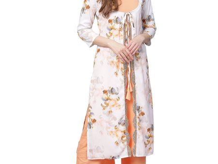 Ahalyaa White & Peach Floral Jacket Style Kurta With Plazzo Online now