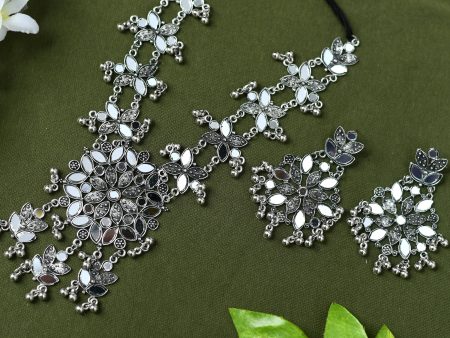 Mominos Fashion Johar Kamal Oxidised Silver-Plated Mirror Work Long Necklace Set For Sale