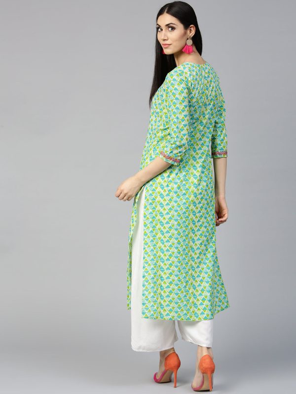 Jaipur Kurti Women Blue & Green Printed Straight Kurta Online now