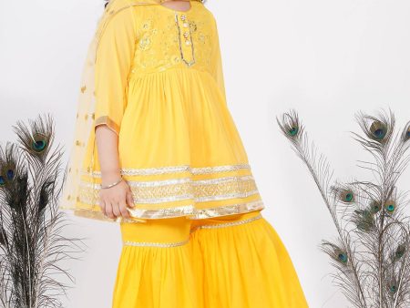 Little Bansi Girls Cotton Gotta Patti Kurta frock with Sharara & Dupatta - Yellow Fashion