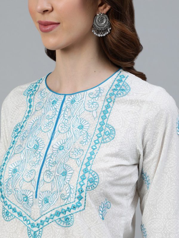 Jaipur Kurti Women White & Blue Embroidered Pure Cotton Kurta with Trousers & Dupatta For Discount