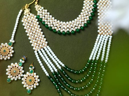 Mominos Fashion Johar Kamal Gold-Plated Rani Haar with Cream Green and Off white Pearls Jewellery Set For Discount