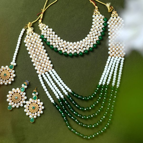 Mominos Fashion Johar Kamal Gold-Plated Rani Haar with Cream Green and Off white Pearls Jewellery Set For Discount