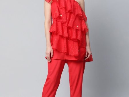 Ahalyaa Red Printed Layered Top with Trousers Online