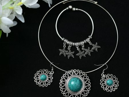 Mominos Fashion Johar Kamal Oxidised Silver-Plated Stone Work Necklace Handicraft Online Hot Sale