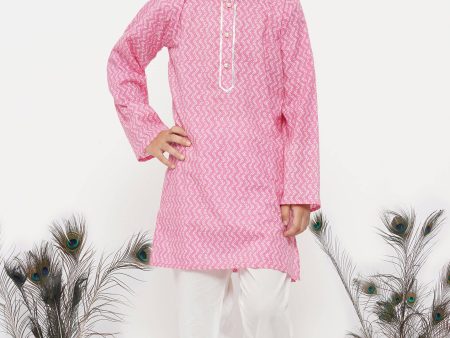 Little Bansi Boys Cotton Jaipuri Kurta with Pearl Buttons & Pyjama -Pink & Cream Online Sale