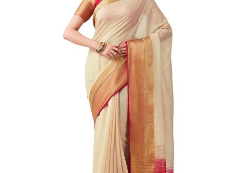 Mimosa Women s Beige Kanchipuram Linen Saree on Sale