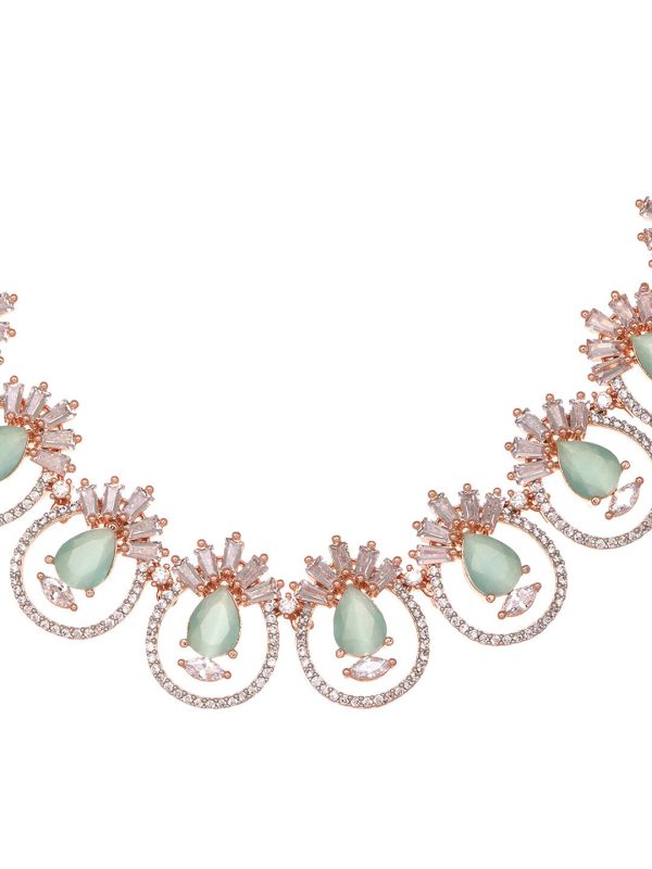 Saraf RS Jewellery Rose Gold-Plated & Sea Green American Diamond Studded Jewellery Set For Sale