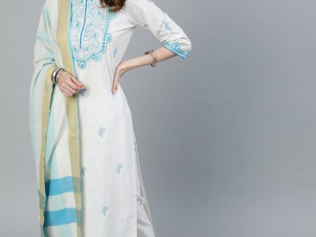 Jaipur Kurti Women White & Blue Embroidered Pure Cotton Kurta with Trousers & Dupatta For Discount