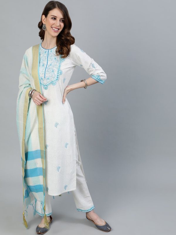 Jaipur Kurti Women White & Blue Embroidered Pure Cotton Kurta with Trousers & Dupatta For Discount