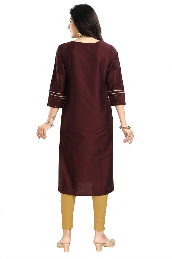 Snehal Creations Beautiful Brown Cotton Silk Designer Long Kurti Tunic With Sequines Embroidery Fashion