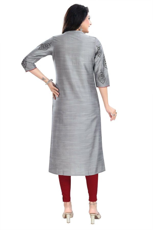 Snehal Creations Grey Raw Silk Block Print Long Kurta For Women Sale