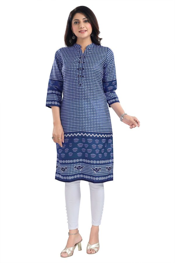 Snehal Creations Indigo Blue Designer Digital Print Cotton Slub Fabric Long Kurti Tunic For Discount