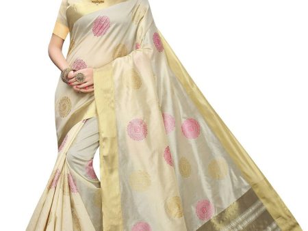 Vamika Cream Weaving Cotton Polyester Silk Saree (Kerala Bird Pink) on Sale