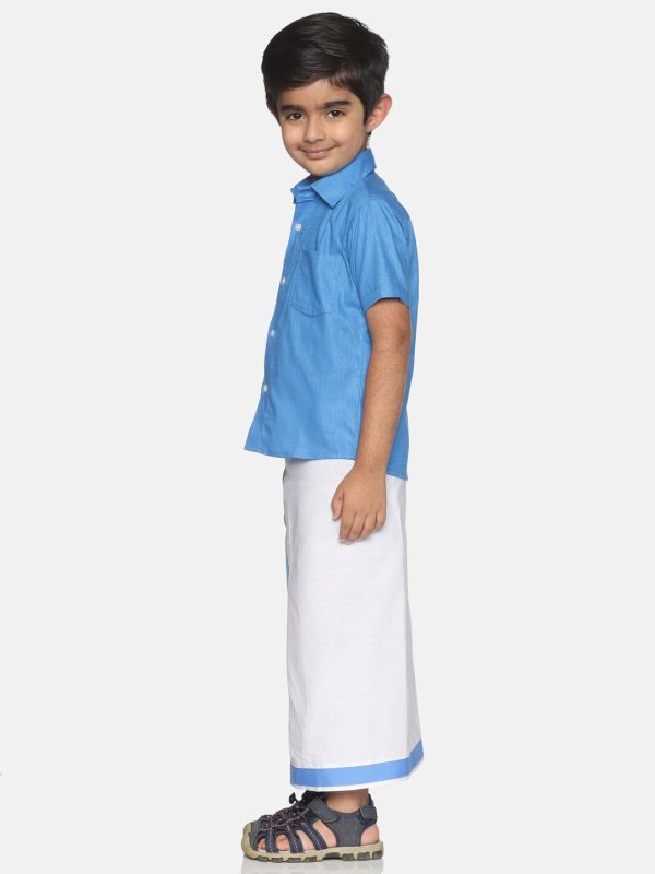 Sethukrishna Boys Blue & White Solid Shirt and Veshti Set Online