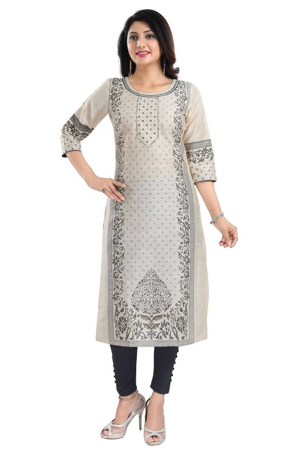 Snehal Creations Cream Raw Silk Block Print Long Kurta For Women Fashion