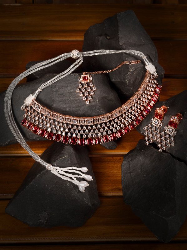 Saraf RS Jewellery Rose Gold-Plated & Red AD & CZ-Studded Contemporary Jewellery Set Online now