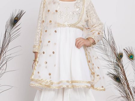 Little Bansi Girls Cotton Floral Embroidery Frock Kurta with Sharara & Dupatta - White Supply