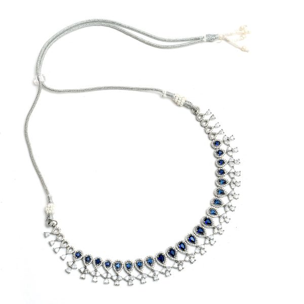 Mominos Fashion Johar Kamal Silver-Plated American Diamond Silver Blue Choker Set For Discount