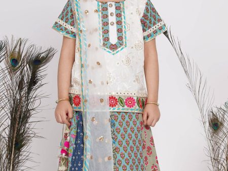 Little Bansi Girls Cotton Embroidery Kurta With Lehenga & Tussel - White & Multicolor For Sale