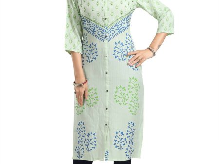 Snehal Creations Green Rayon Textured Print Long Kurta For Women For Sale