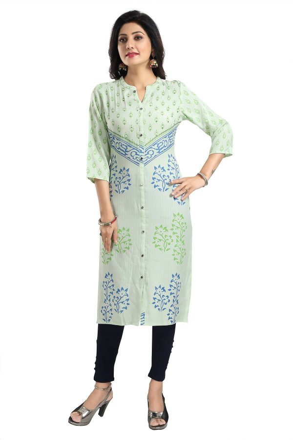 Snehal Creations Green Rayon Textured Print Long Kurta For Women For Sale