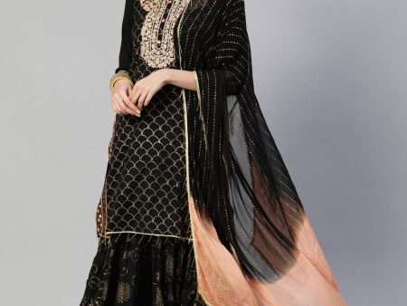 Ishin Women Black Floral Embroidered Regular Kurta with Sharara & With Dupatta For Sale