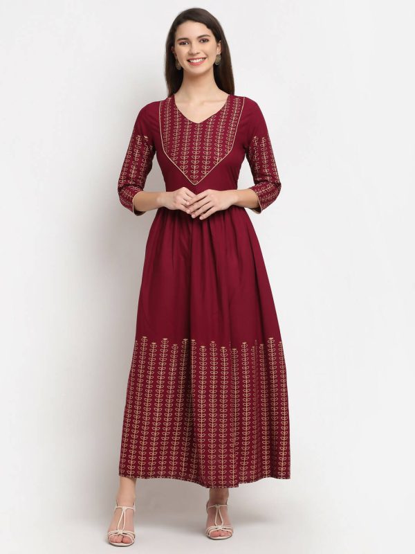 Rudra bazaar Gold Printed A-line flared Maroon Kurti Online