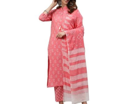 Anubhutee Women s Cotton Regular Floral Printed Pink Kurta Set Cheap