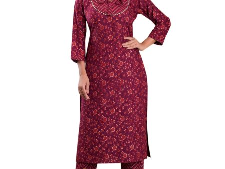 Vamika Foil Print Rayon Wine Red Party Wear Casual Wear Kurta Set Suit Cheap