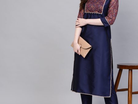 Jaipur Kurti Women Navy Blue Yoke Design Kurta with Trousers Online