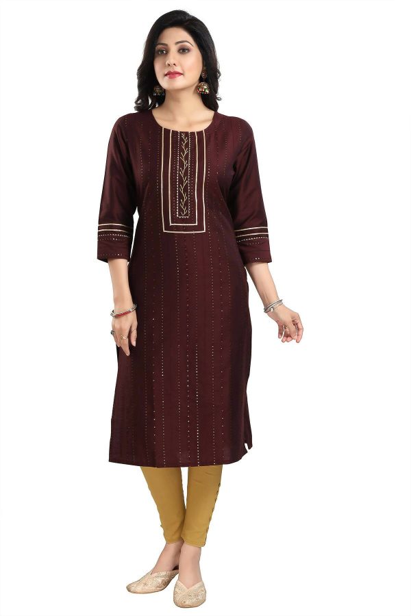 Snehal Creations Beautiful Brown Cotton Silk Designer Long Kurti Tunic With Sequines Embroidery Fashion