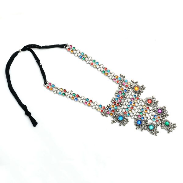 Mominos Fashion Johar Kamal Oxidised Silver-Plated Brass Finish Multi Kundan Afghani Long Necklace For Women Online now