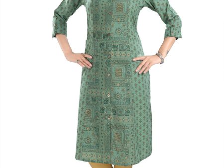 Snehal Creations Pleasing Pista Green Rayon Print Long Kurta For Women For Sale