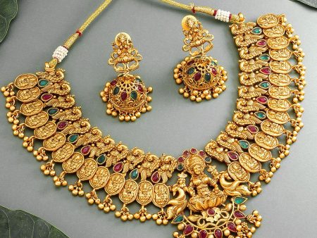 Aadita Gold-Toned Red & Green Stone-Studded Temple Jewelry Set For Cheap