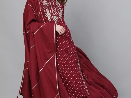 Ishin Women Maroon Yoke Embroidered Straight Kurta Skirt Dupatta Set Fashion