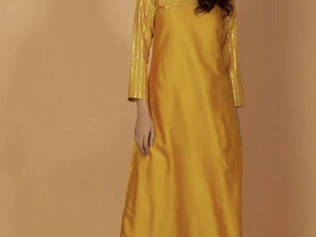 Cheera Women s Silk Blend Fancy Mustard Kurta Palazzo Set on Sale