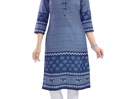 Snehal Creations Indigo Blue Designer Digital Print Cotton Slub Fabric Long Kurti Tunic For Discount