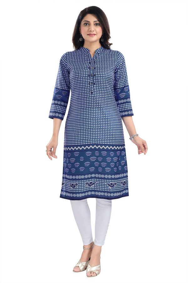 Snehal Creations Indigo Blue Designer Digital Print Cotton Slub Fabric Long Kurti Tunic For Discount