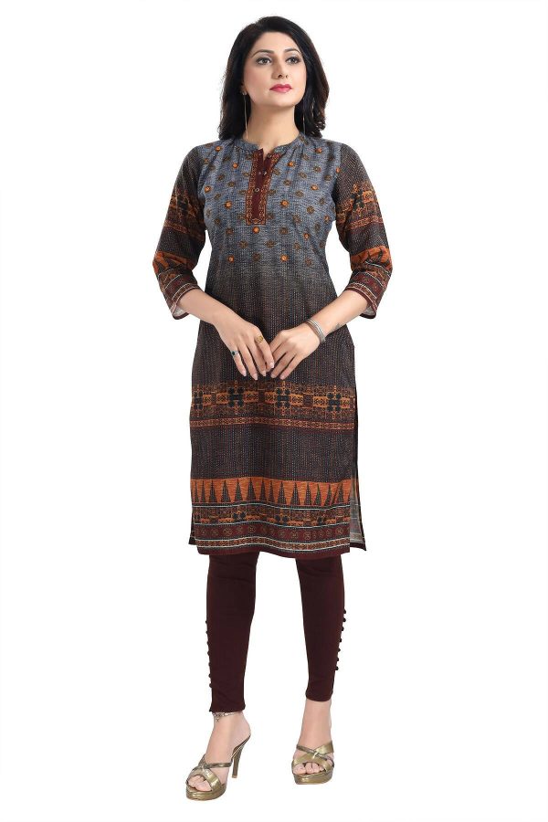 Snehal Creations Beautiful Brown Designer Print Cotton Slub Long Kurti Tunic Supply