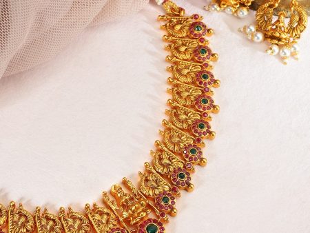 Rubans Gold-Plated Pink and Green Stone Studded Handcrafted Temple Jewellery Set For Discount