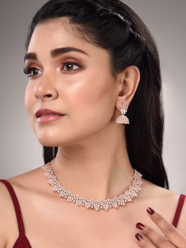 Saraf RS Jewellery Rose Gold-Plated & White AD & CZ-Studded Contemporary Jewellery Set Supply