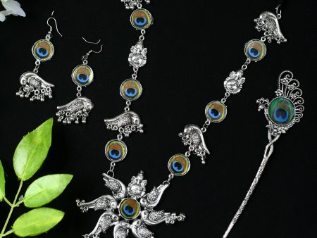 Mominos Fashion Johar Kamal Oxidised Silver-Plated Brass Finish Peacock Design Long Necklace Set For Women Online Sale